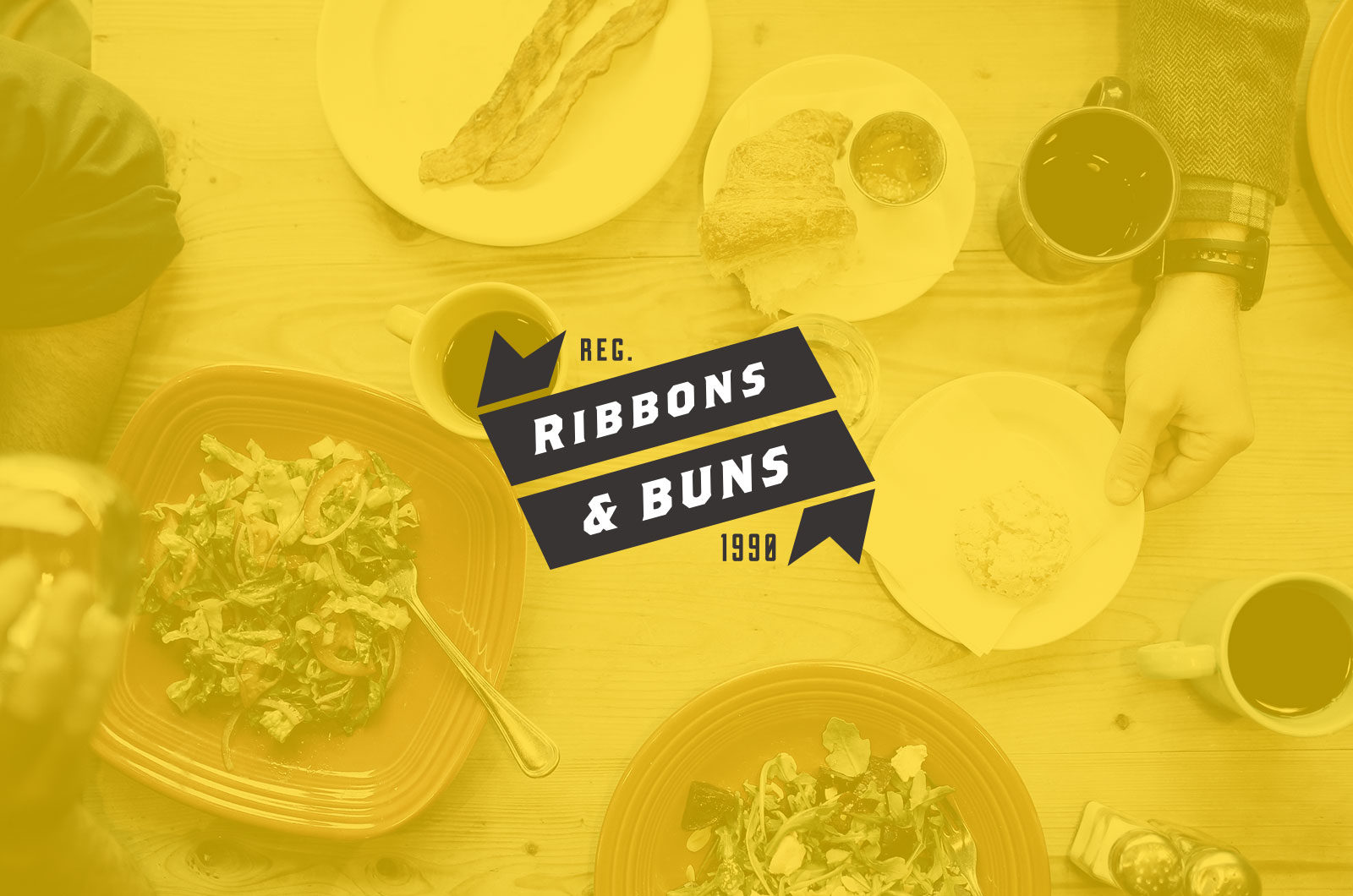 Ribbons & Buns logo over salad and coffee