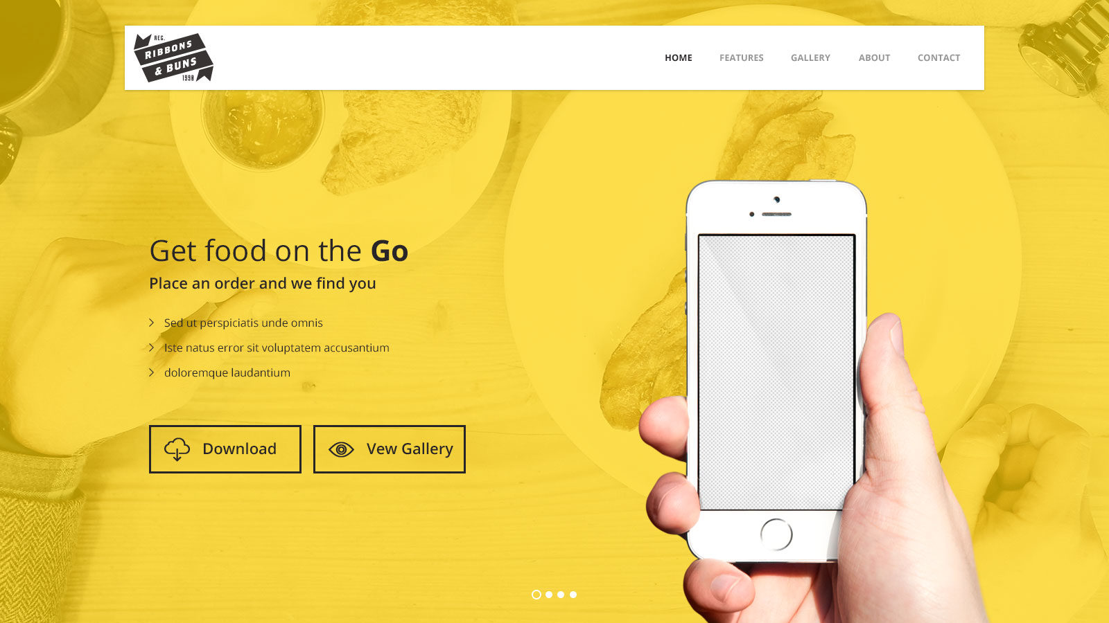 Hand holding smartphone on yellow food app webpage
