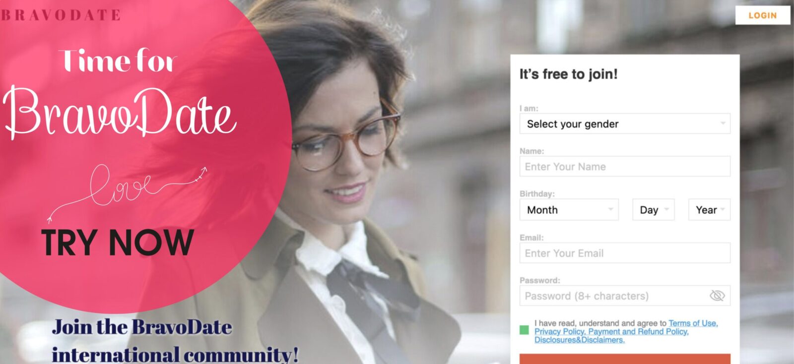 Smiling woman beside BravoDate dating signup form